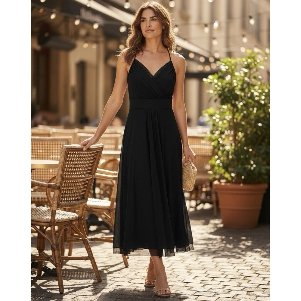 Theory Cocktail Dress Size S Midi Black Sleeveless Empire Wasit Flowing Layers